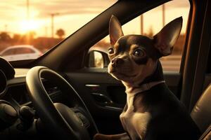 Cute dog looking out of car window , photo