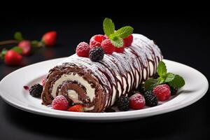 Chocolate Swiss Roll Cake coated with Chocolate Chips on table top, AI Generated photo