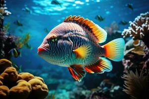 brillante vistoso pescado en coral arrecife submarino, ai generado foto