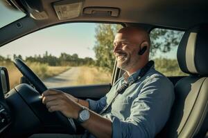 Man driving a car using navigator and talking device, AI Generative photo