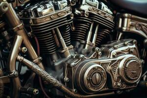 Close up view of a shiny motorcycle engine, AI Generated photo