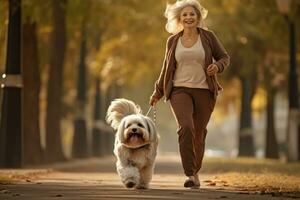 antiguo juguetón mujer caminando su perro en el parque en otoño día, ai generado foto