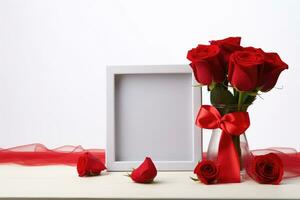 Blank photo frame for mockup design with roses and valentine elements, AI Generated