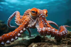 colorful octopus on a coral reef, underwater . AI Generated photo