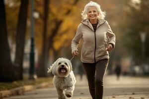 old sportive woman walking her dog in the park in autumn day, AI Generated photo