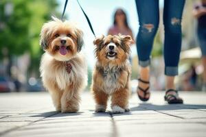 dogs walking with unrecognizable owner in city street crosswalk, AI Generated photo