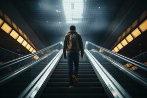 Back view of young man walking up escalator. AI Generated photo