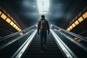 espalda ver de joven hombre caminando arriba escalera mecánica. ai generado foto