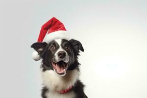 cute Border Collie wearing santa hat on white background, AI Generated photo