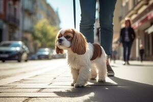 dog walking with unrecognizable owner in city street crosswalk, AI Generated photo