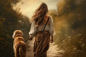 young woman walking her dog in the park in autumn day, AI Generated photo