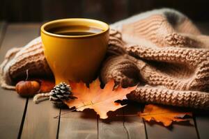 taza de Fresco caliente té con otoño hojas y tartán, parte superior ver plano poner, ai generado foto