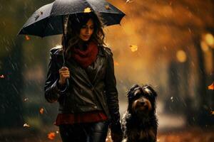 portrait of young woman walking her dog in the park in autumn day, AI Generated photo