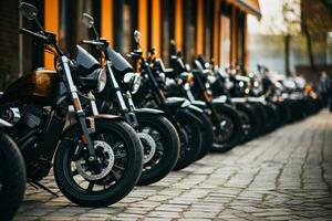 motorcycles parked on the motorcycles parking lot on gathering or event, AI Generated photo