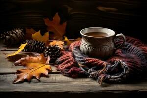 taza de Fresco caliente té con otoño hojas y tartán, parte superior ver plano poner, ai generado foto