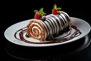 Chocolate Swiss Roll Cake coated with Chocolate Chips on table top, AI Generated photo