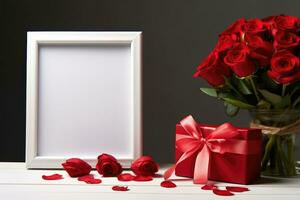 Blank photo frame for mockup design with roses and valentine elements, AI Generated