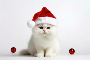 Kitten wearing santa hat on white background with copy space. AI Generated photo