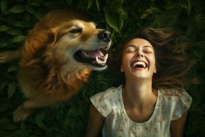 laughing woman and her dog lying on the drass together, top view, AI Generated photo