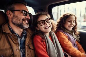 Happy family of father and children enjoying road trip together, photo