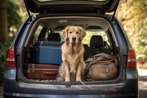Cute dog sitting in the trunk of a car, photo