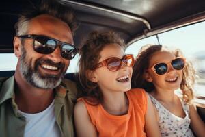 Happy family of father and children enjoying road trip together, photo