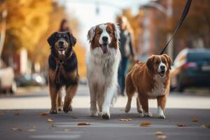 dogs walking with unrecognizable owner in city street crosswalk, AI Generated photo