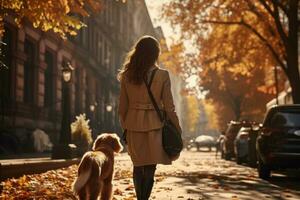 joven mujer caminando su perro en el ciudad en otoño día, ai generado foto