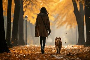 joven mujer caminando su perro en el parque en otoño día, ai generado foto