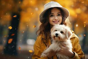 portrait of young woman walking her dog in the park in autumn day, AI Generated photo