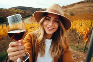 caucásico mujer Bebiendo vino en viñedo , ai generado foto