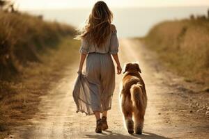 joven mujer caminando su perro en el parque en otoño día, ai generado foto