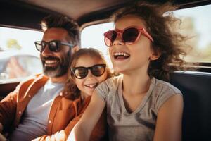 Happy family of father and children enjoying road trip together, photo
