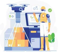 Robot delivery service concept. Flat illustration of robot delivery service concept for web design. Manufacturing industry automation concepts conveyor belt production. Vector illustration