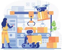 Warehouse robotic arm stacking package. Warehouse workers working on production line. Warehouse workers making cardboard boxes. Vector illustration