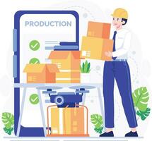 Warehouse worker with boxes. Warehouse workers working on production line. Warehouse workers making cardboard boxes. Vector illustration