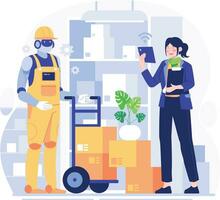 Warehouse worker and delivery man with boxes. Warehouse workers working on production line. Warehouse workers making cardboard boxes. Vector illustration