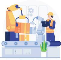 Robotic arm production line. Robotic industry. Vector illustration in flat style. Manufacturing industry automation concepts conveyor belt production. Vector illustration