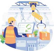 Smart factory production line. Vector illustration in flat design style. Industrial robot arm and factory worker. Manufacturing industry automation concepts conveyor belt production.