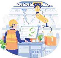 Smart factory production line. Vector illustration in flat design style. Industrial robot arm and factory worker. Manufacturing industry automation concepts conveyor belt production.