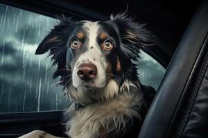 linda perro mirando fuera de coche ventana , ai generado foto