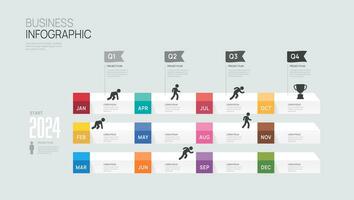 Infographic template for business. 2024 12 Month chart Timeline diagram, gantt progress steps milestone presentation vector. vector