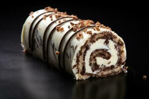 Chocolate Swiss Roll Cake coated with Chocolate Chips on table top, AI Generated photo