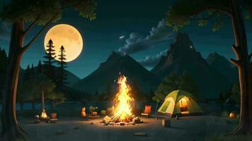 acampamento às noite com fogueira vídeo animação video