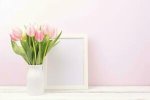 White and pink frame mockup with flowers. AI Generated photo