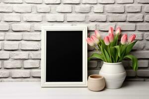 White frame mockup with flowers. AI Generated photo