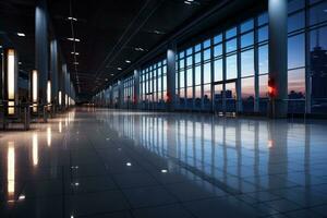Empty departure lounge in airport, AI Generated photo