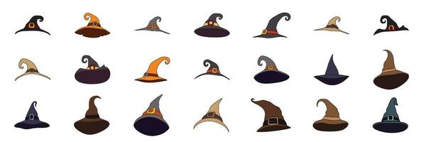Collection of wizard hats. Witch hat isolated on white background colored outline. Halloween hat doodle style. Vector illustration.