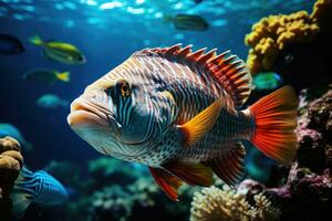 brillante vistoso pescado en coral arrecife submarino, ai generado foto