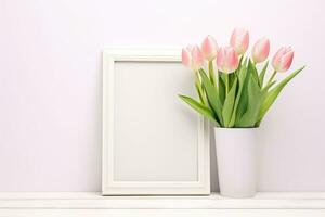 White and pink frame mockup with flowers. AI Generated photo